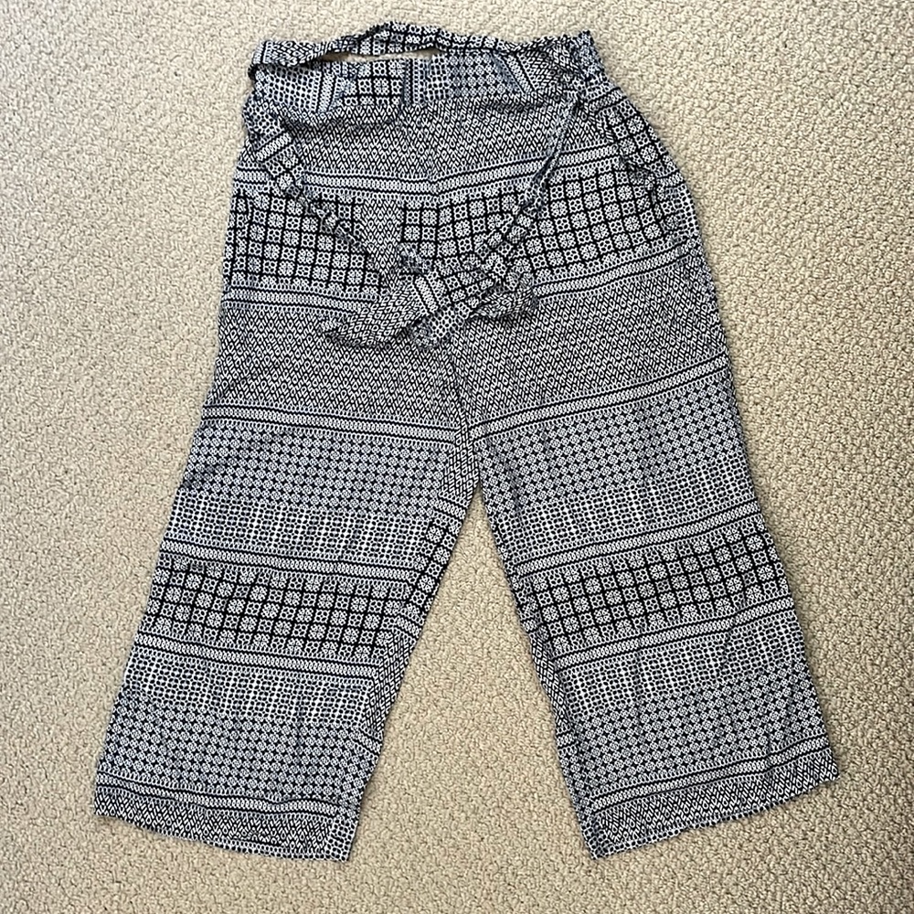 Navy blue and white print front-tie pants